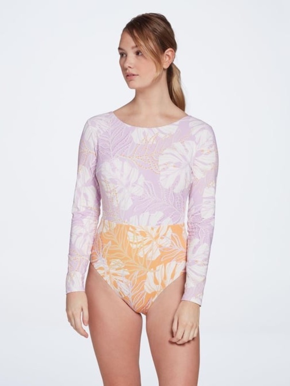 CALIA Women's One Piece Tie Back Long Sleeve Swimsuit | Size 4 | Palms Lavender